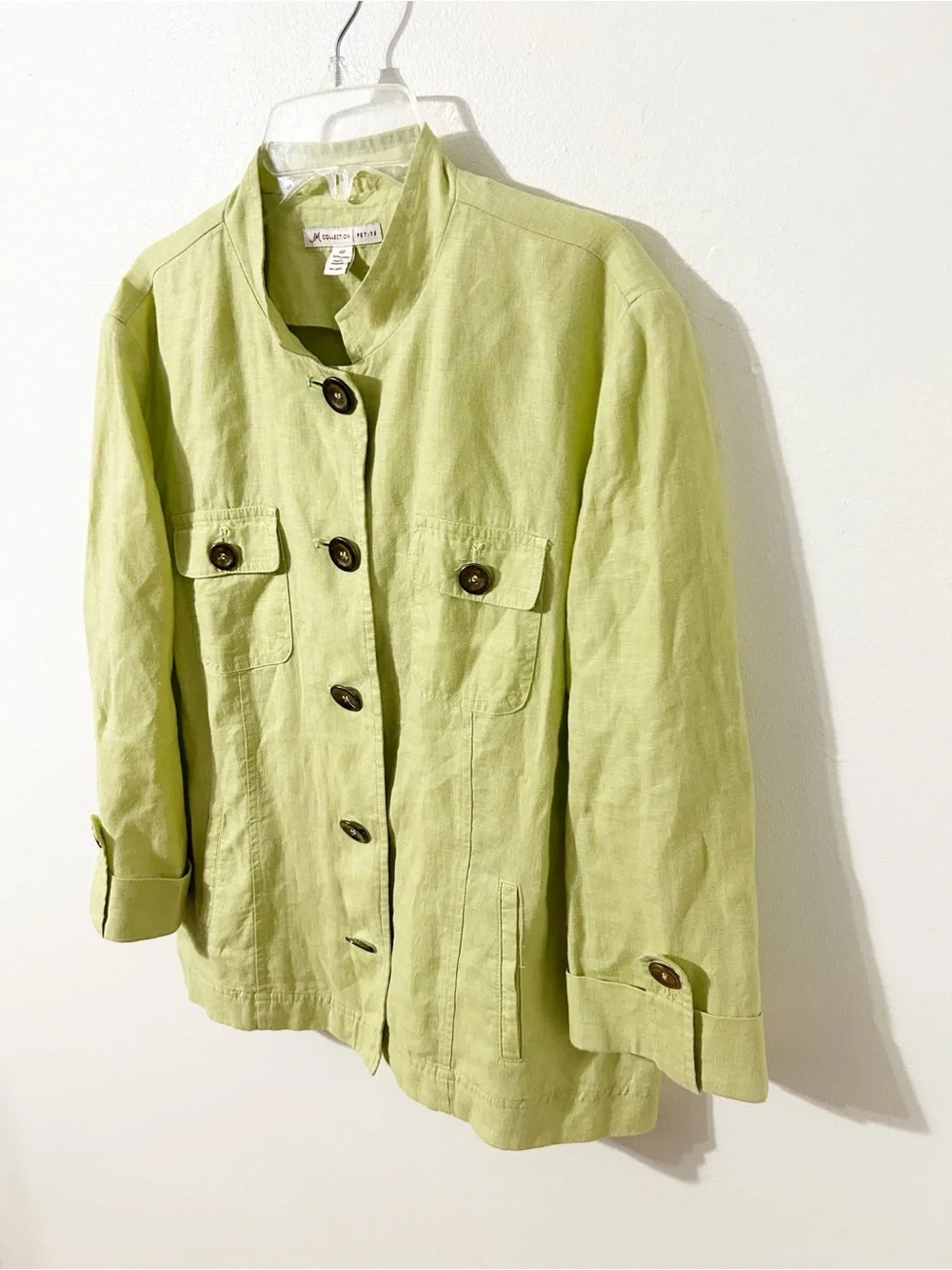 JM Collection Petite Linen Utility Jacket Light Green Lime Size 14P Button Front